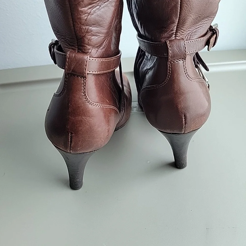 Ralph Lauren Purple Label Knee High Leather Boots Womens Size 6.5 Brown Heel Zip